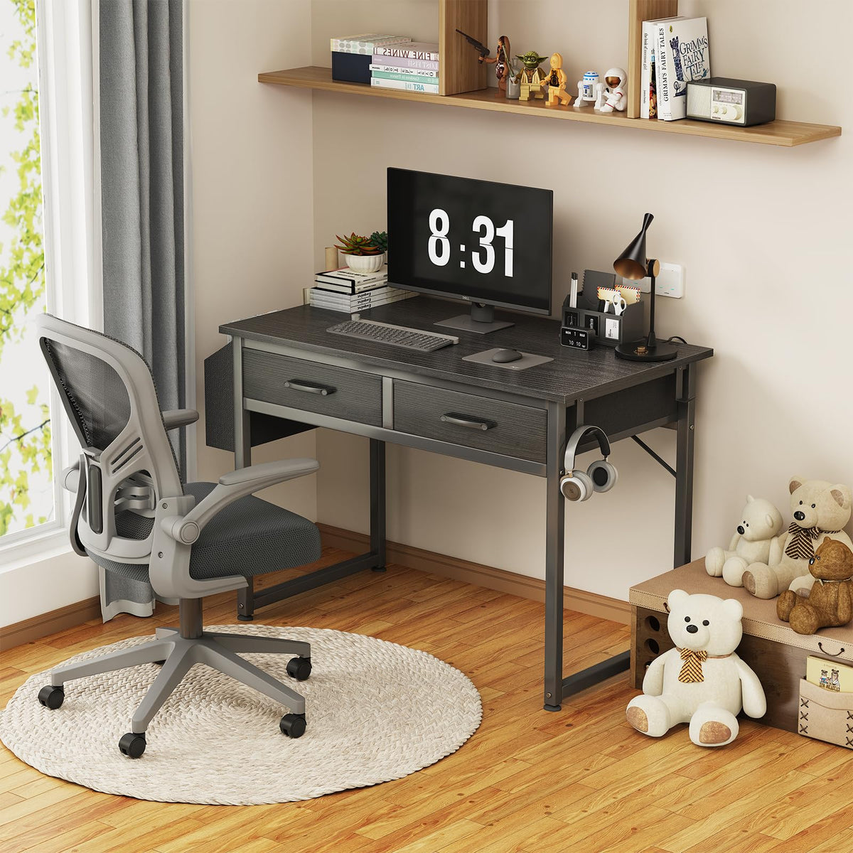 DLisiting 32 Inch Small Desk with Drawers, Black-Elysine