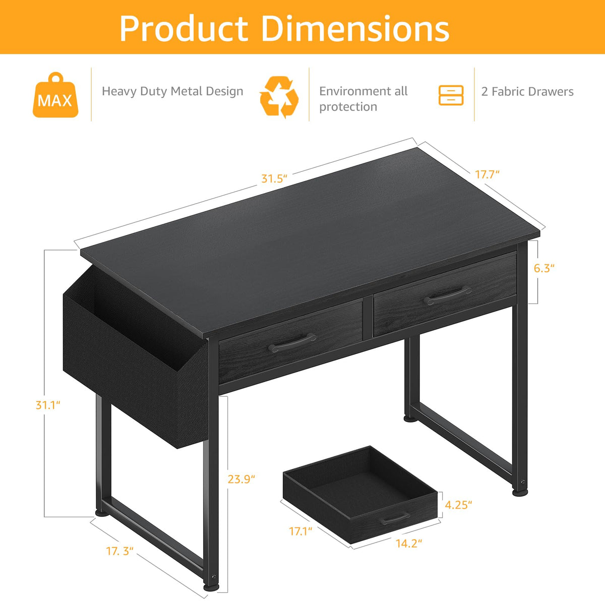 DLisiting 32 Inch Small Desk with Drawers, Black-Elysine