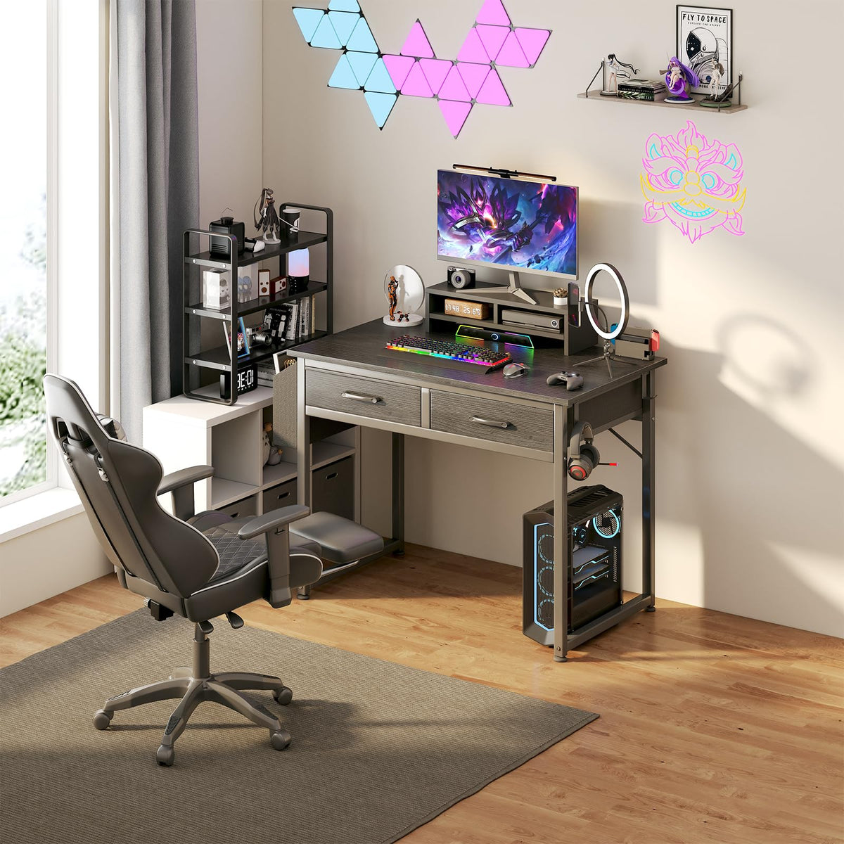 DLisiting 32 Inch Small Desk with Drawers, Black-Elysine