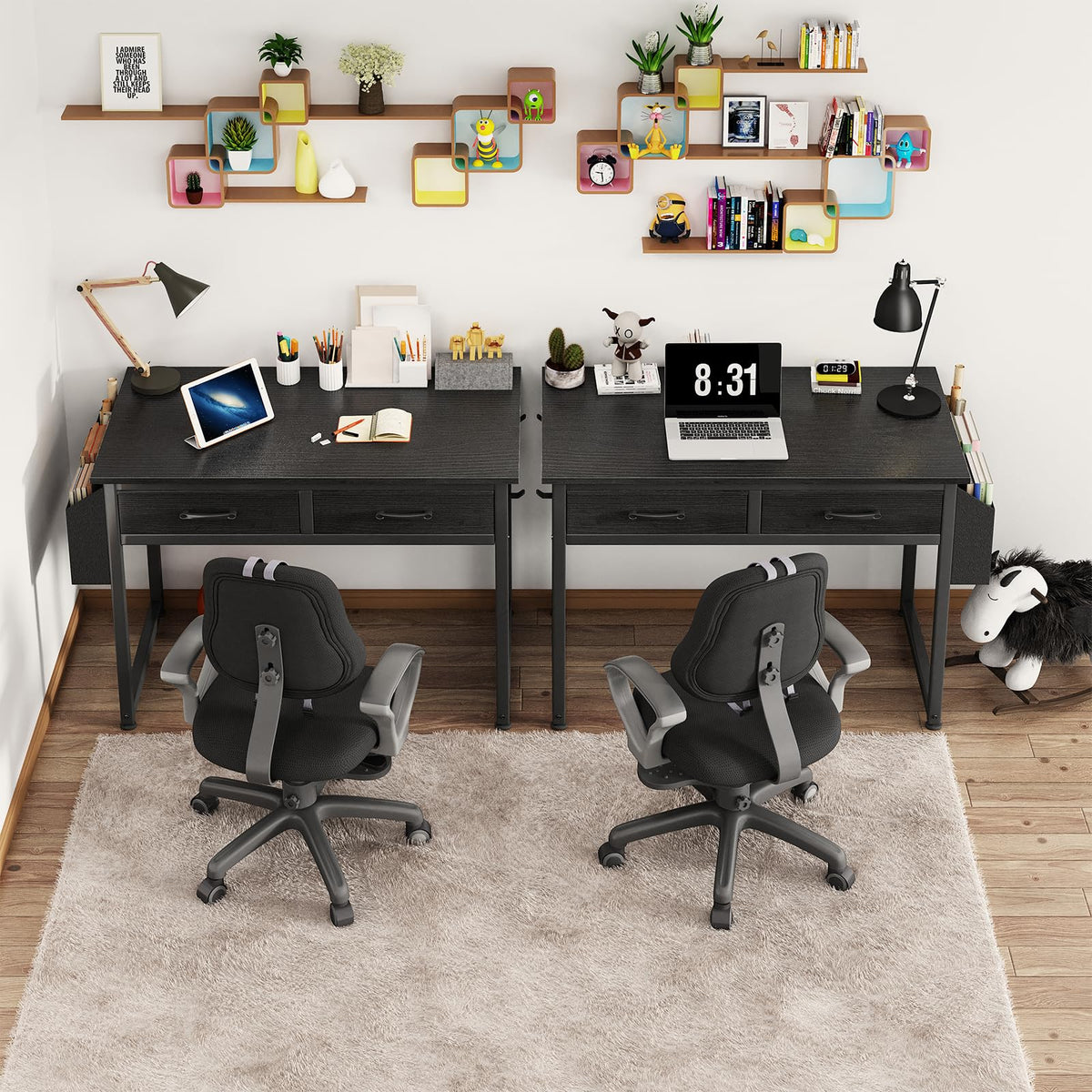 DLisiting 32 Inch Small Desk with Drawers, Black-Elysine