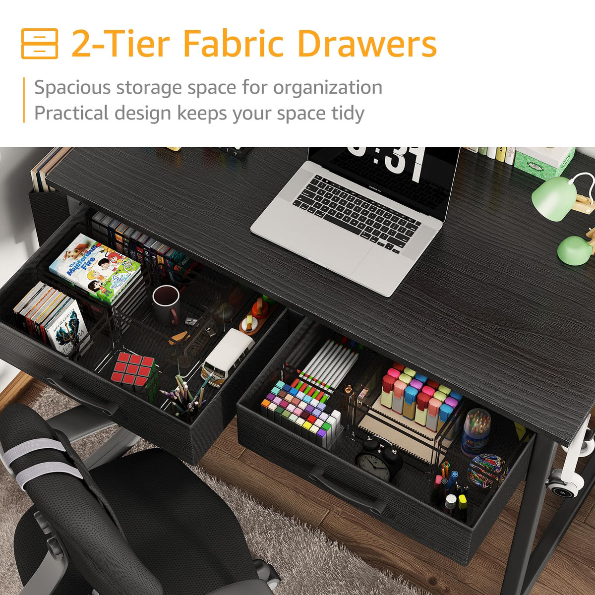DLisiting 32 Inch Small Desk with Drawers, Black-Elysine