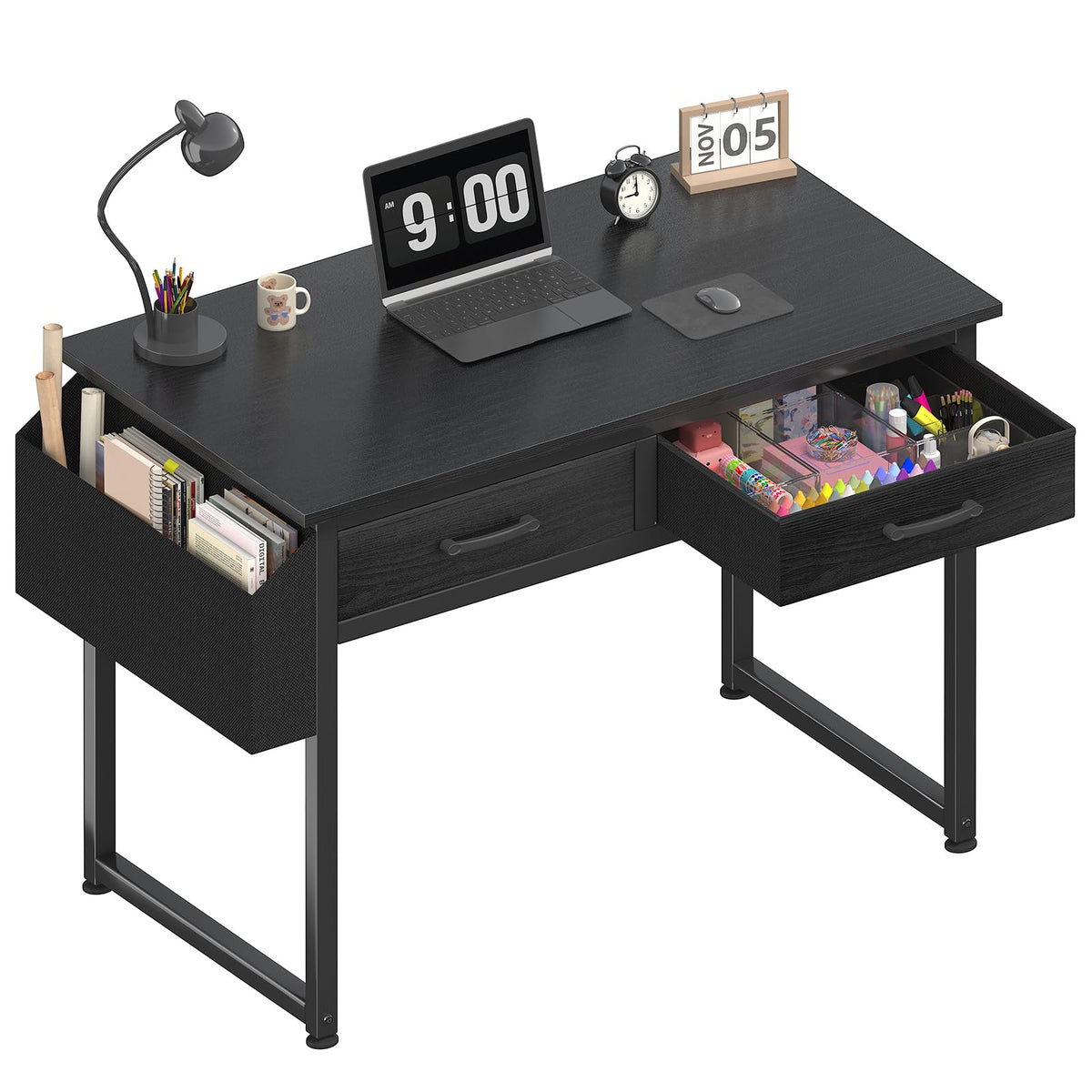 DLisiting 32 Inch Small Desk with Drawers, Black-Elysine