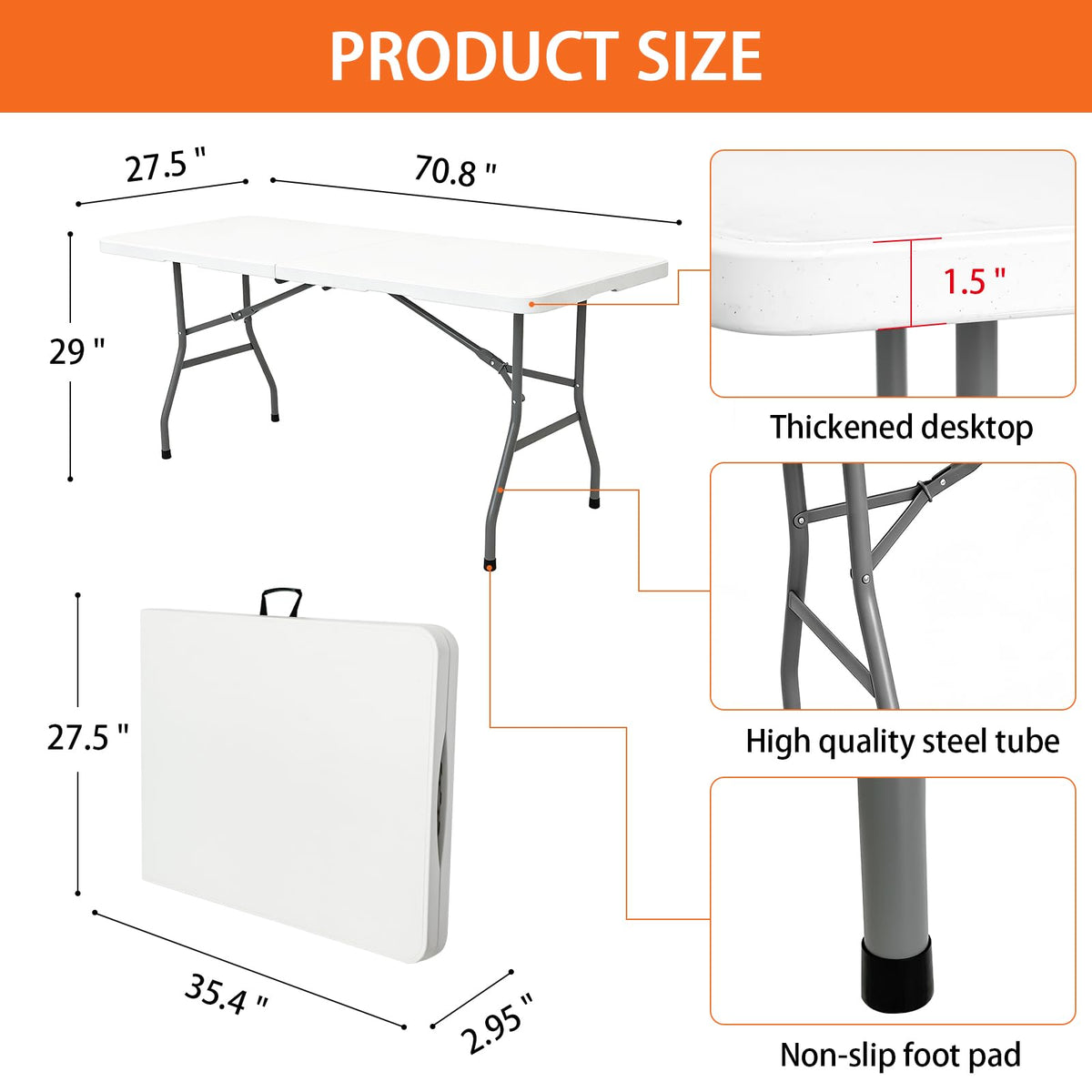 Jynooer Folding Table 6ft, Heavy Duty Portable 6 Foot Foldable Table Plastic Large Folding Tables Indoor Outdoor for Camping, Picnic, Wedding and Party, White-Elysine