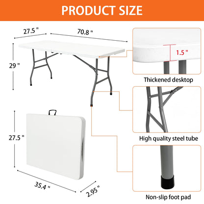 Jynooer Folding Table 6ft, Heavy Duty Portable 6 Foot Foldable Table Plastic Large Folding Tables Indoor Outdoor for Camping, Picnic, Wedding and Party, White-Elysine