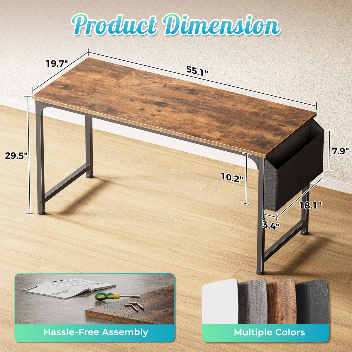PRAISUN 55'' Computer Desk with Fabric Storage Bag-Elysine