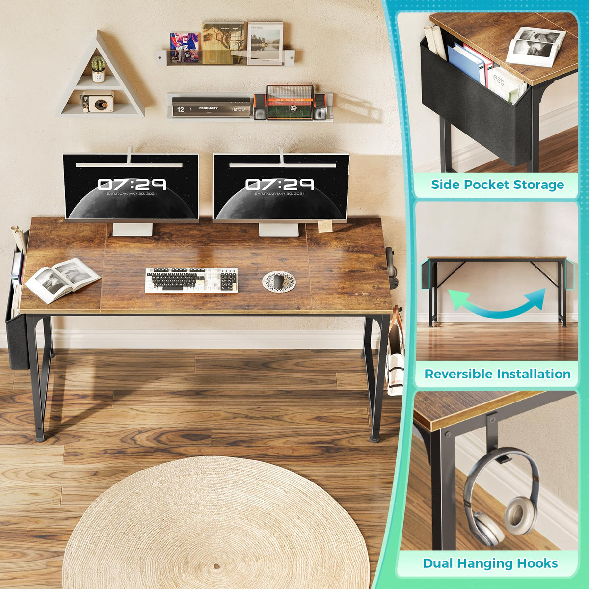 PRAISUN 55'' Computer Desk with Fabric Storage Bag-Elysine