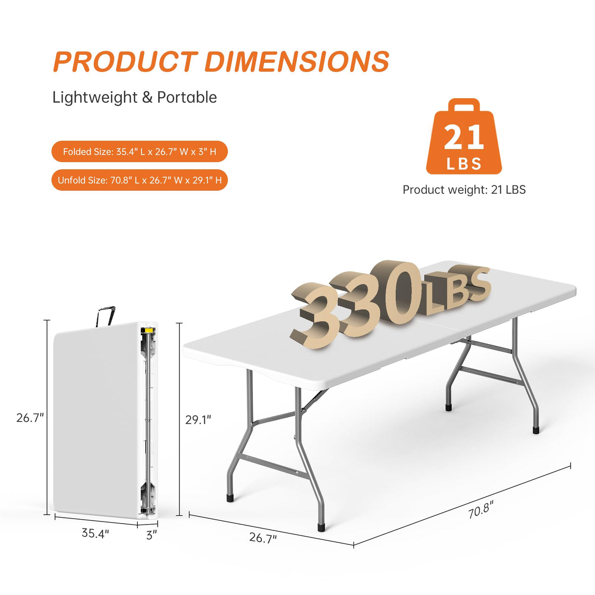 VSOAEIL 6 Foot Folding Table 2 Pack, 6 FT Foldable Plastic Table Heavy Duty-Elysine